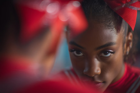 African American Cheerleader with Red Hair Bow Looking at Reflection in Mirrorの素材