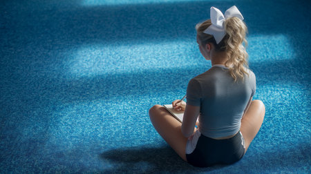 Cheerleader Sitting Cross-Legged on Blue Gym Floor Writing in Notebook with White Hair Bowの素材