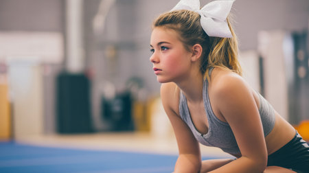 Focused Young Cheerleader Athlete Resting During Training on Blue Gym Floorの素材