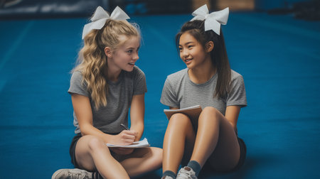 Two Young Cheerleaders Sitting on Gym Floor Writing Notes and Talking Togetherの素材