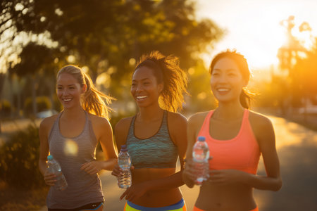 Group of diverse women jogging outdoors in sportswear, wellness and team spiritの素材