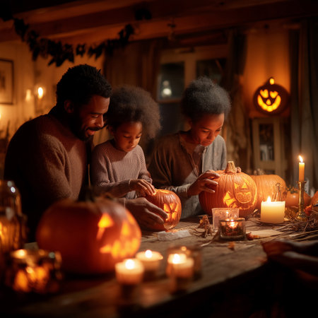 Warm Family Bonding Carving Pumpkins for Halloween by Candlelightの素材