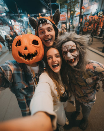 Friends in Costume Take a Fun Street Selfie on Halloween Nightの素材