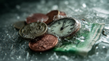 Cold Cash Concept, Timepiece and Currency Frozen Together in Icy Stillnessの素材