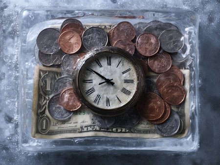Economic Chill, Frozen Money and Watch Symbolizing Delayed Investment Valueの素材