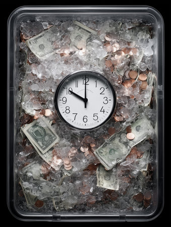 Frozen Finances, Coins and Cash Encased in Ice Representing Economic Stagnationの素材