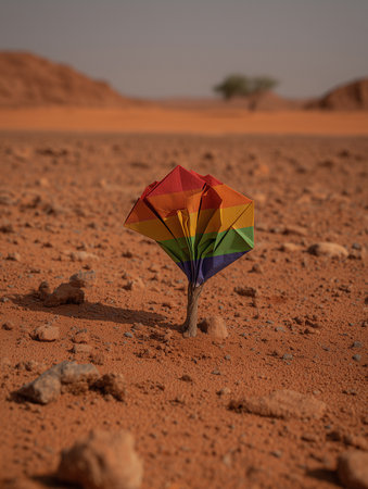 A colorful origami tree stands planted in desert sand, representing creativity, fragile beginnings, and the power of imagination to inspire growth in unlikely places. Ideal for concepts related to resilience, innovation, sustainability, and artistic expression in nature.の素材