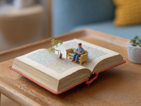 Whimsical miniature scenes featuring tiny figurines reading books beside coffee cups in cozy cafÃ© settings. A playful blend of imagination, storytelling, and warm everyday moments captured through creative macro photography.の素材