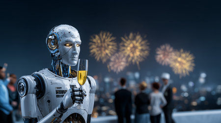 Metallic robot celebrating New Year 2026 with champagne under night fireworksの素材