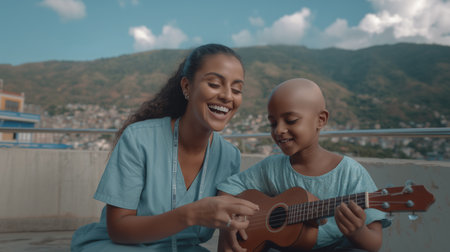 Smiling Nurse Teaching Young Patient Ukulele Outdoors at Healthcare Facilityの素材