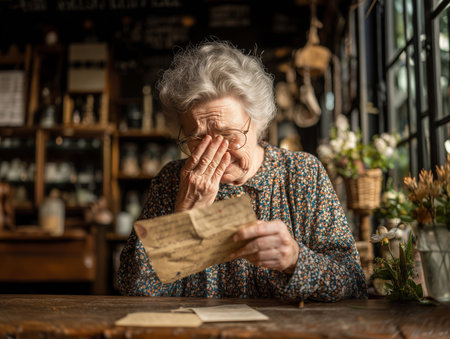 Heartfelt portraits of elderly women reading letters and books in cozy settings. Capturing emotion, nostalgia, and reflection with warm light and authentic storytelling tones.の素材