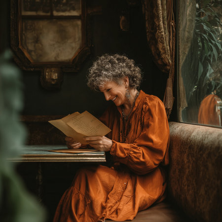 Laughing Elderly Woman Reading Vintage Letter in Warm Cozy Environmentの素材
