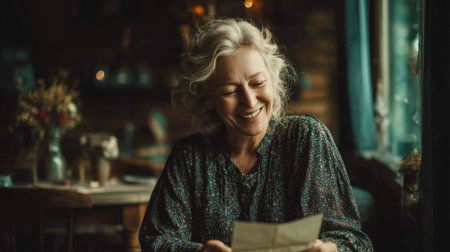 Joyful Elderly Woman Reading Heartwarming Message in Rustic Cafe Settingの素材