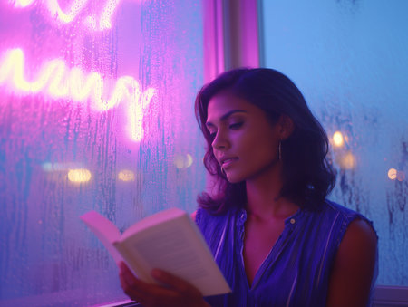 Peaceful Rainy Evening Scene Woman Reading in Cafe with Blurred Lightsの素材