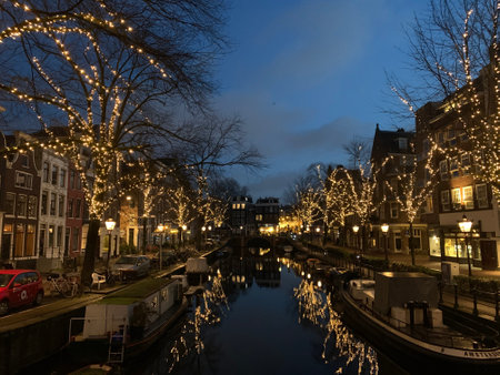Amsterdam canal and lights. Early morning. January 13, 2020.のeditorial素材