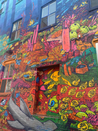 Graffiti art in Graffiti Alley / Rush Lane, central Toronto, Ontario / Canada. July 28, 2019のeditorial素材