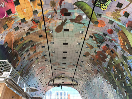 Art on the Markthal (Market hall) office and residential building with a cafes and shops underneath.Rotterdam, South Holland / Netherlands - June 23, 2020.のeditorial素材