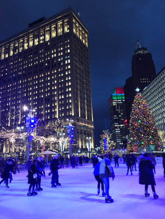 Ice rink at Campus Martius park, downtown Detroit. Michigan / USA.のeditorial素材