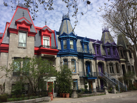 Colourful Victorian style houses facing Saint Louis Square. Montreal, Quebec, Canada. May 13 2018.のeditorial素材
