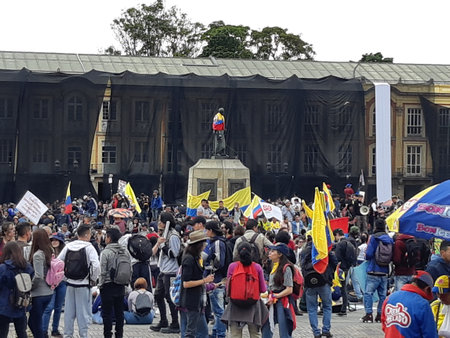 Protest in country capital Bogota. Colombian unions and student groups held their second national strike in less than week to protest police violence, corruption. Bogota / Colombia.のeditorial素材