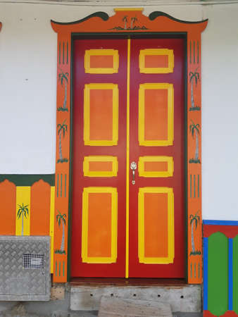 Unique colonial style house colorful doors at city centre of Salento. Salento / Colombia.の写真素材
