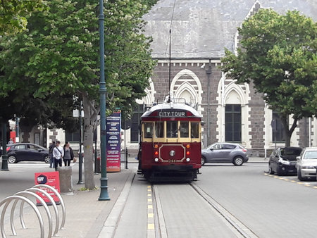 City tour classic tram runs at the downtown. Christchurch / New Zealand.のeditorial素材