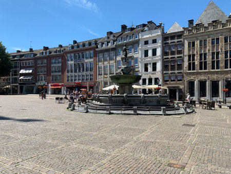 Famous historical market square Marktplatz am Rathaus at city centre. Aachen, North Rhine-Westphalia / Germany.のeditorial素材