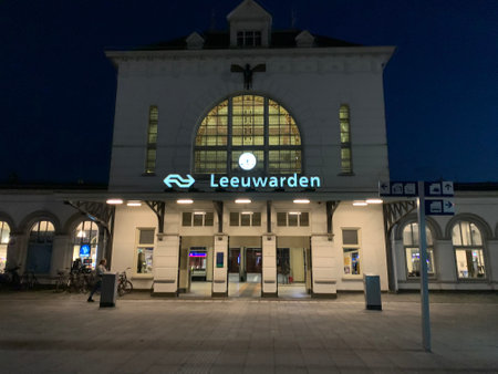 Leeuwarden central train station building entrance at the evening. Leeuwarden, Friesland / Netherlandsのeditorial素材