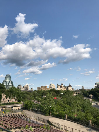 Skyline of National Gallery of Canada, historical Fairmont Chateau Laurier hotel and Unesco world heritage Rideau canal locks. Ottawa, Ontario, Canada.のeditorial素材