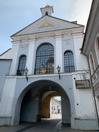 Gates of Dawn (Ausros vartai or Ostra Brama). The famous Catholic pilgrimage and sightseeing place in Vilnius city old town. Vilnius, Lithuania.のeditorial素材