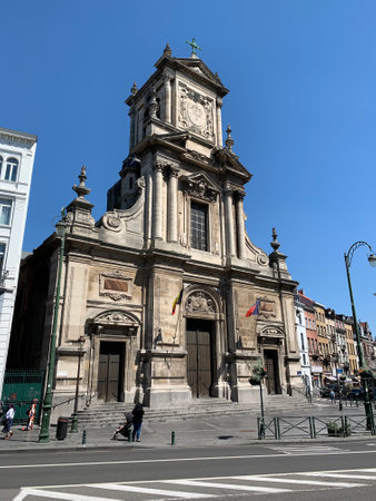 Facade of Saint Judoc Cathalic Church (Sint-Joostkerk). Saint-Josse-ten-Noode, Brussels Capital Region, Belgium.のeditorial素材