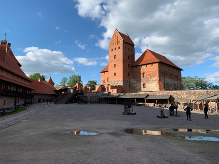 Inner yard of Trakai island castle. Red bricks wall and the Ducal palace. Trakai, Lithuania.