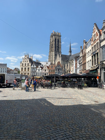 Mechelen city skyline with Brabantian Gothic style St. Rumbold's Cathedral, market square (grote markt) and old houses. Mechelen, Province of Antwerp, Belgiumのeditorial素材