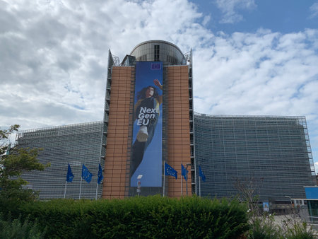 Facade of the Berlaymont building- Headquarters (HQ) of the European Commission (EC) in Brussels. European Union executive government. Bruxelles, Brussels Capital Region, Belgiumのeditorial素材