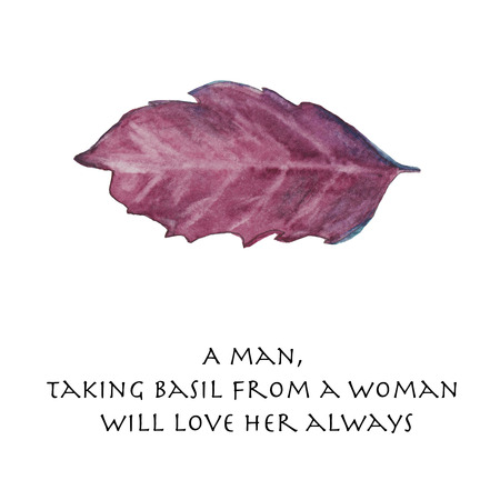 Watercolor basil violet leaf with an inspiring cooking quote