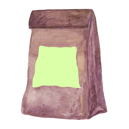 Craft paper lunch bag with a blank post it note. Eco friendly simple brown Craft Paper bag, ecological packaging. Watercolor illustration.の写真素材