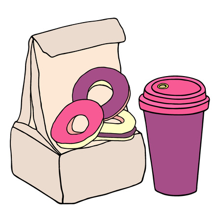 Lunch bag with sweet donuts and cup of coffee. Hand drawn sketch illustration.のイラスト素材
