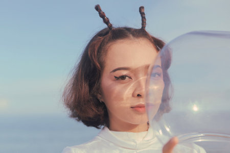 Young asian woman holding a crystal ball in the meadow.