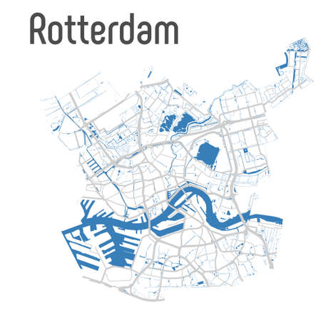 Rotterdam vector map with river, channels, main roads, bridges. Grey background, administrative urban borders.のイラスト素材