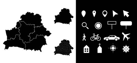 Map of Belarus administrative regions departments with icons. Map location pin, arrow, looking glass, signboard, man, bicycle, car, airplane, house, church. Royalty free outline Belarusian vector map.のイラスト素材