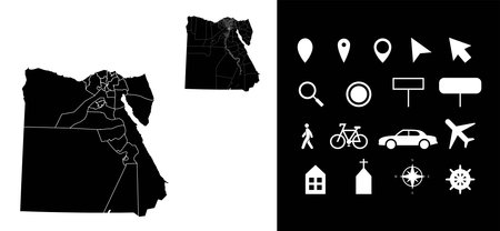 Map of Egypt administrative regions departments with icons. Map location pin, arrow, looking glass, signboard, man, bicycle, car, airplane, house. Royalty free outline Egyptian vector map.のイラスト素材