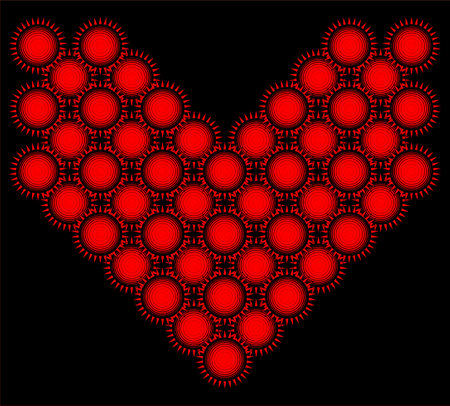 Weird and scary heart made of red and black suns. Flat pattern, geometric suns. .のイラスト素材