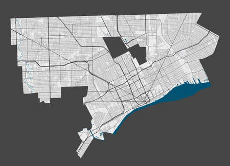Detroit map. Detailed map of Detroit city administrative area. Cityscape panorama. Royalty free vector illustration. Outline map with highways, streets, rivers. Tourist decorative street map.のイラスト素材