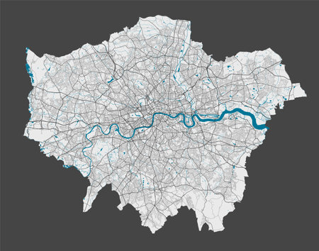 London map. Detailed map of London city administrative area. Cityscape panorama. Royalty free vector illustration. Outline map with highways, streets, rivers. Tourist decorative street map.