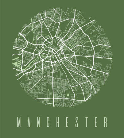 Manchester map poster. Decorative design street map of Manchester city. Cityscape aria panorama silhouette aerial view, typography style. Land, river, highways. Round circular vector illustration.のイラスト素材