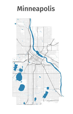 Minneapolis map. Detailed map of Minneapolis city administrative area. Cityscape panorama. Royalty free vector illustration. Outline map with highways, streets, rivers. Tourist decorative street map.のイラスト素材