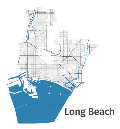 Long Beach map. Detailed map of Long Beach city administrative area. Cityscape panorama. Royalty free vector illustration. Outline map with highways, streets, rivers. Tourist decorative street map.