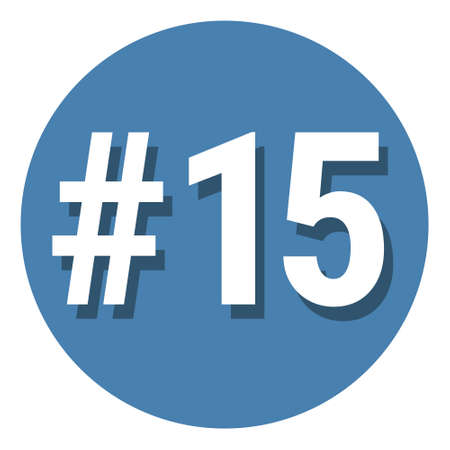 Number 15 fifteen symbol sign in circle, 15th fifteenth count hashtag icon. Simple flat design vector illustration. White with shadow on blue background.のイラスト素材