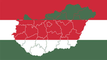 Hungary national flag with administrative regions map border inside, detailed multicolored vector illustration.のイラスト素材