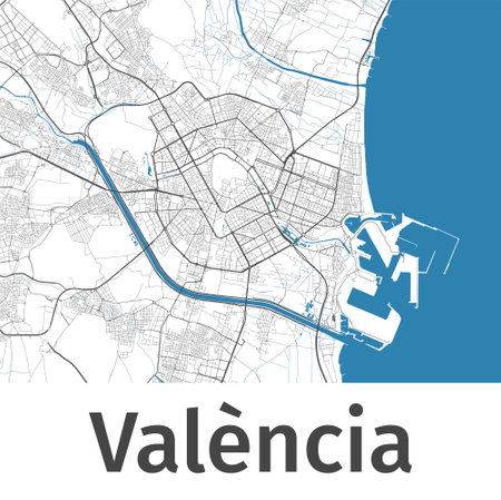 Valencia map. Detailed map of Valencia city administrative area. Cityscape panorama. Royalty free vector illustration. Outline map with highways, streets, rivers. Tourist decorative street map.のイラスト素材